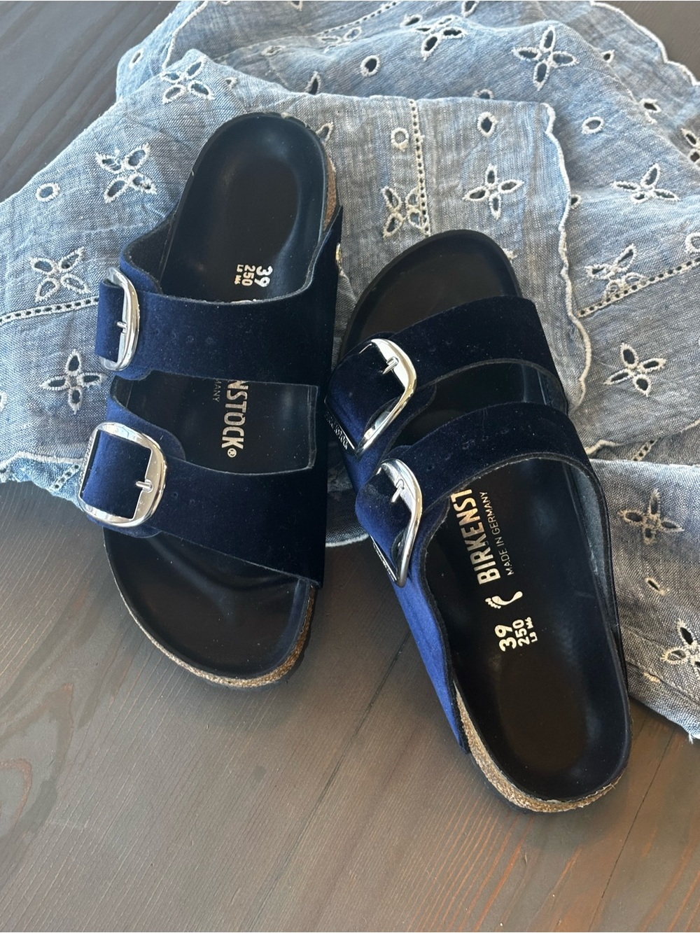 Birkenstock Navy Velvet Arizona Two-Buckle Sandals